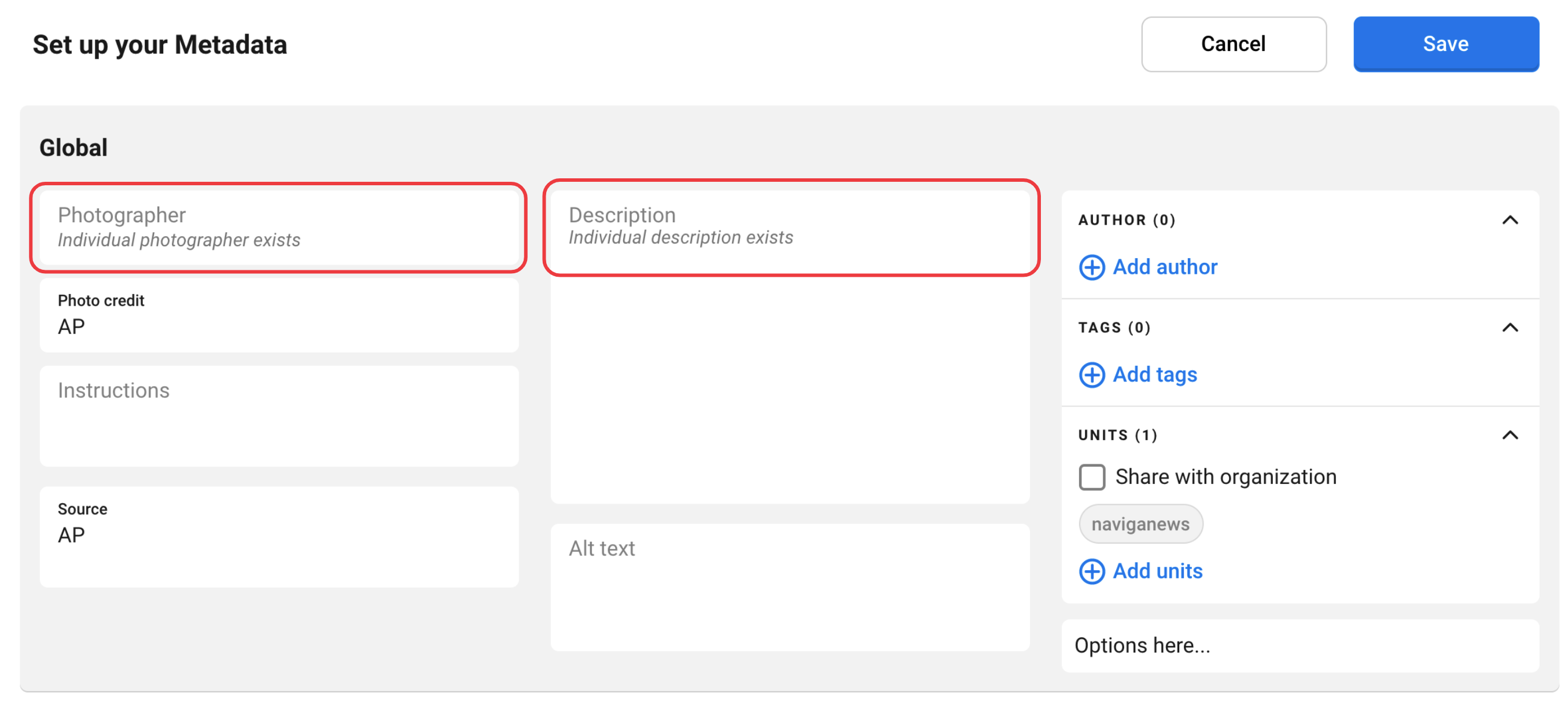 Some of the photos already have settings for these metadata, or the metadata are different on each photo.